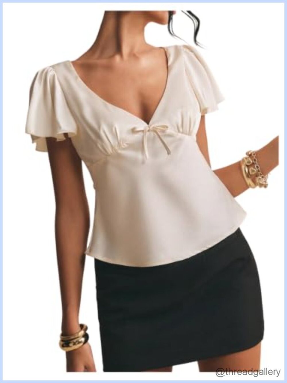 Women's Satin Ruffle Sleeve Deep V Neck Blouse